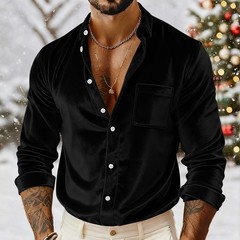 Men’s Velvet Shirt Casual Slim Shirts Long Sleeve Button Down Tops Blouse