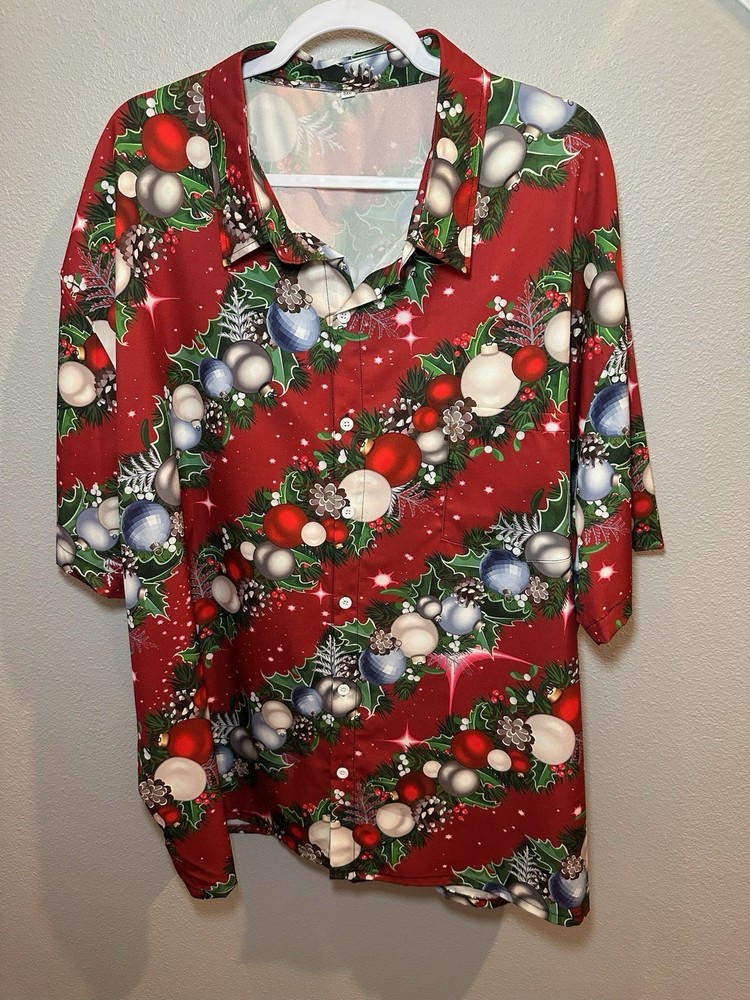 Christmas Casual 5XL Hawaiian Short Sleeve Button Up Shirt Ornaments Garland