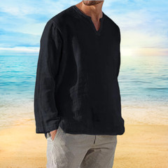Men’s Shirt Long Sleeve Cotton Linen T-shirt V-Neck Solid Breathable Casual NEW
