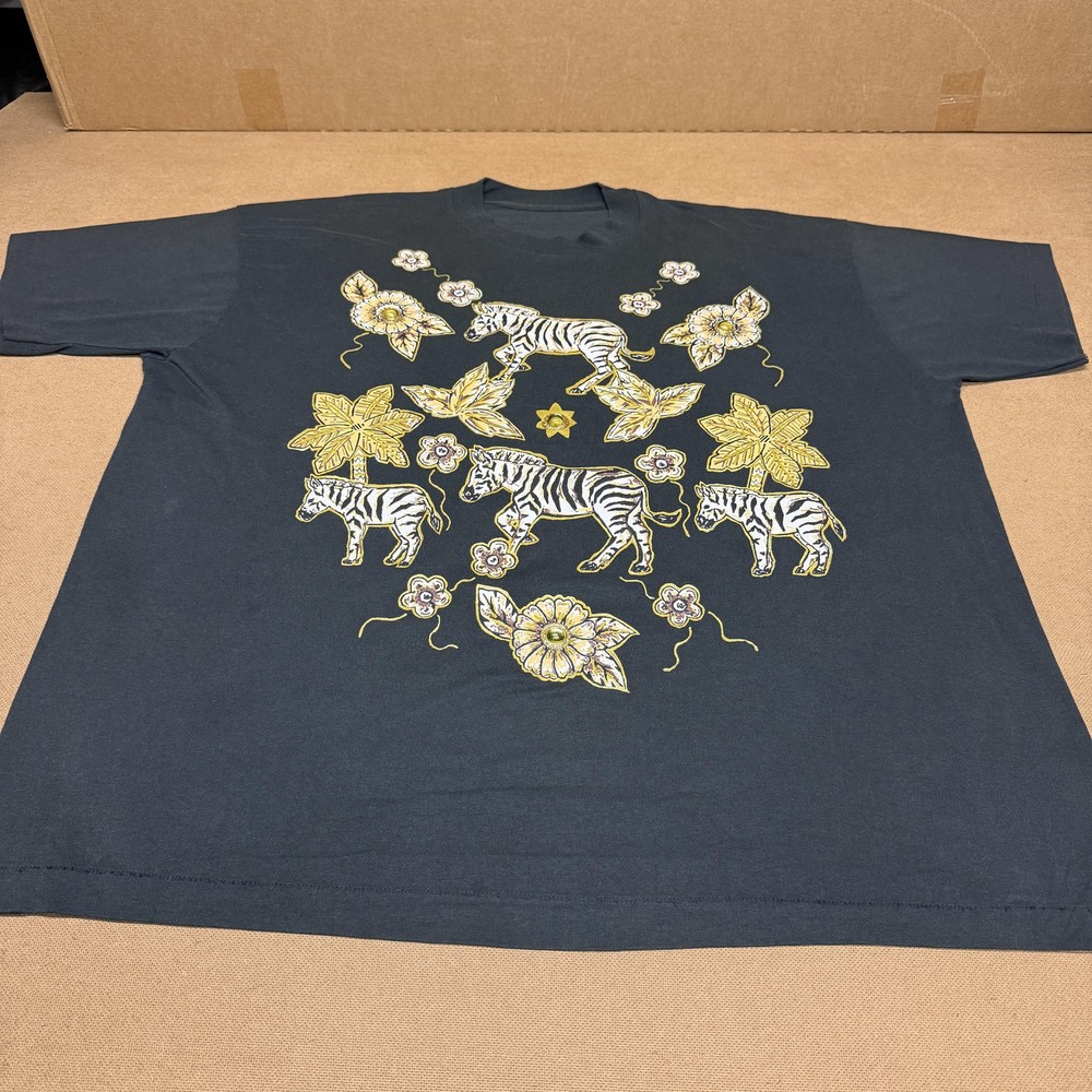 Zebra Floral Shirt Mens XL Black Graphic Animal Beaded Flowers Tee Embellished