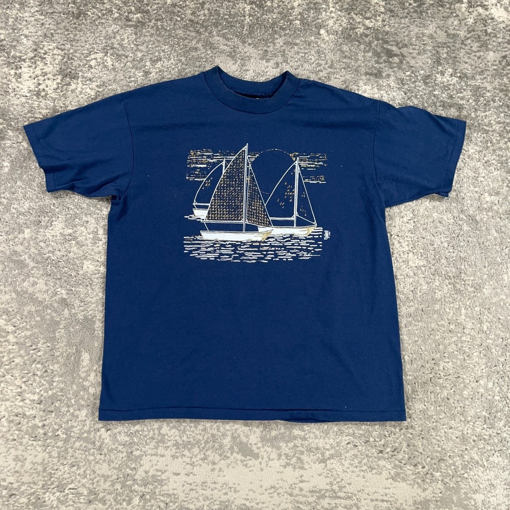 VTG Sailboat Art Tee Shirt Mens XL Blue Gold Foil Print 80s USA Single Stitch