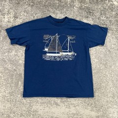 VTG Sailboat Art Tee Shirt Mens XL Blue Gold Foil Print 80s USA Single Stitch