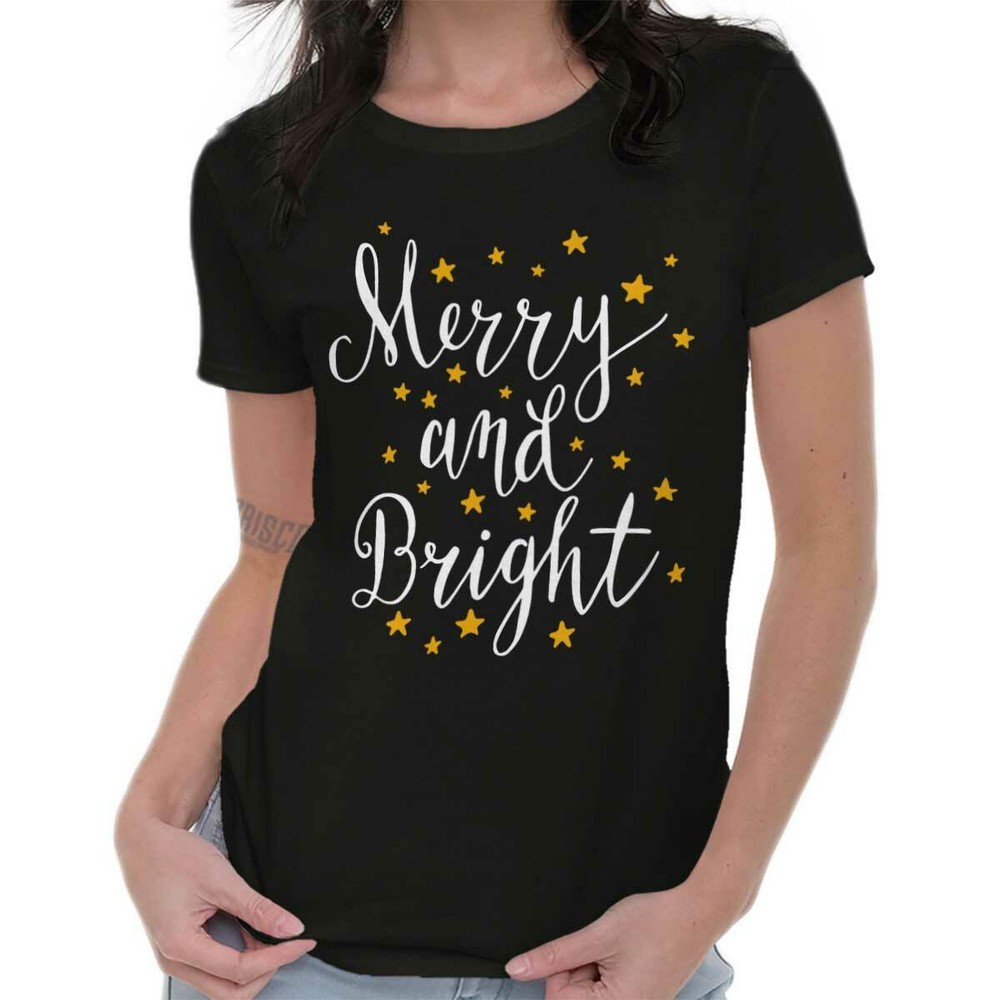 Merry And Bright Christmas Holiday Xmas Gift Womens Short Sleeve Ladies T Shirt