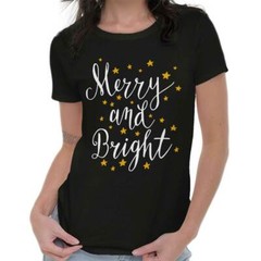 Merry And Bright Christmas Holiday Xmas Gift Womens Short Sleeve Ladies T Shirt