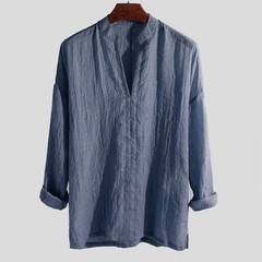 Mens Linen V Neck Long Sleeve Basic Tee T-shirt Casual Tops Blouse M-XXL