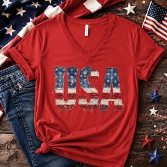 USA Faux Patchwork Bella Canvas V-Neck Shirt, 4th Of July Vneck Tee, Independenc