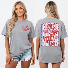 Loves Jesus and America Too Patriotic Coquette Bow 4th of July T-Shirt