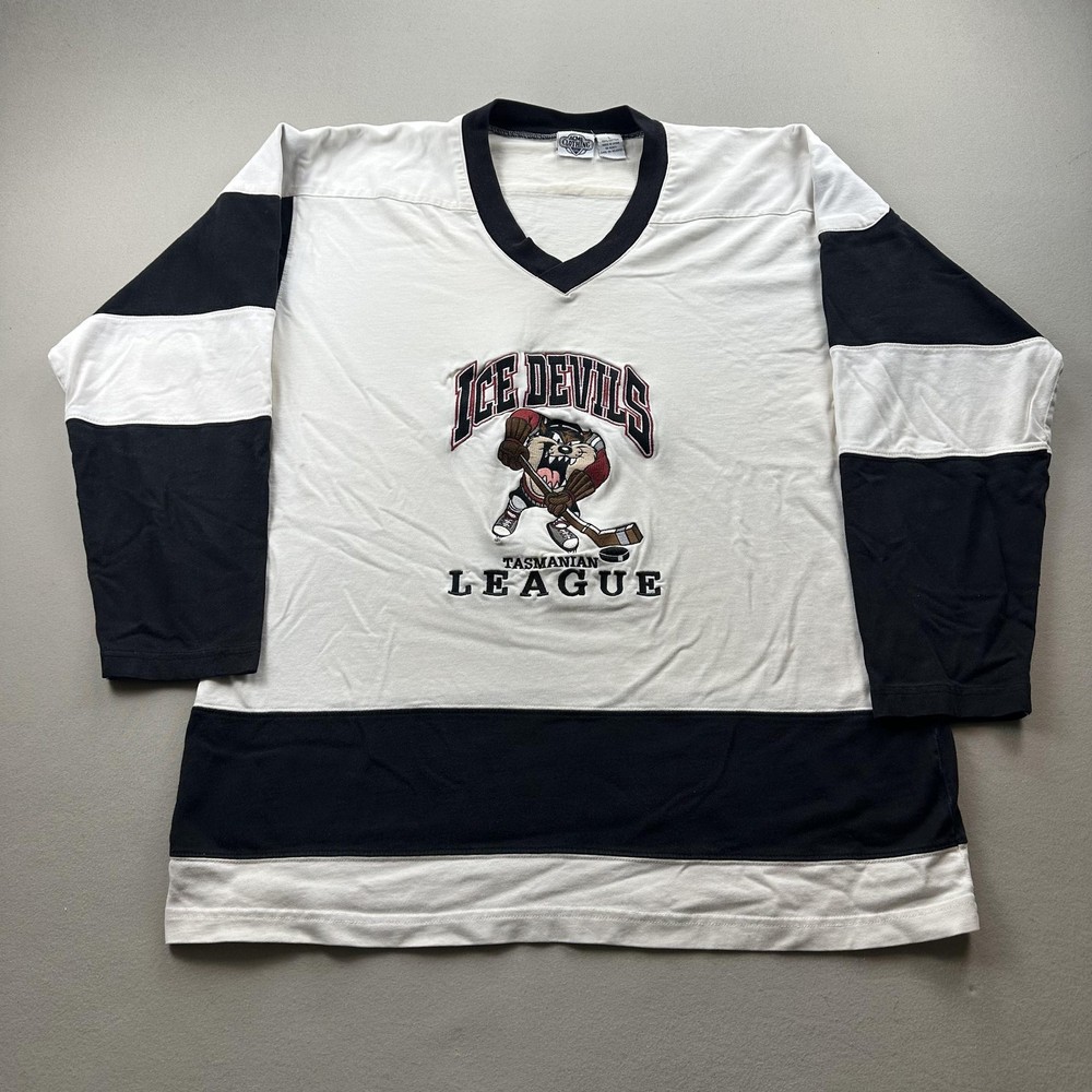 Vintage Looney Tunes Taz Hockey Jersey Shirt Mens Large White Ice Devils 90s
