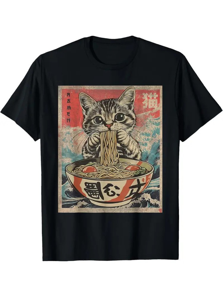 Cat eating ramen kawaii anime Japanese food T-shirt men’s fashion trend pure cot