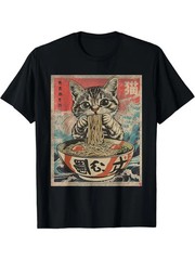 Cat eating ramen kawaii anime Japanese food T-shirt men’s fashion trend pure cot