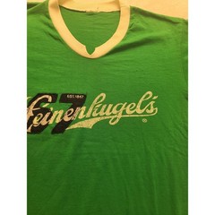 Vintage Leinenkugels Beer Green Ringer T-Shirt V-Neck Athletic Stripe Distressed