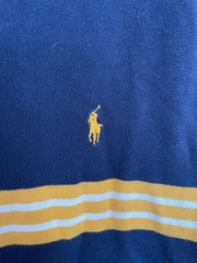Vintage Polo Ralph Lauren Navy Blue V-Neck T-Shirt with Yellow and White Stripes