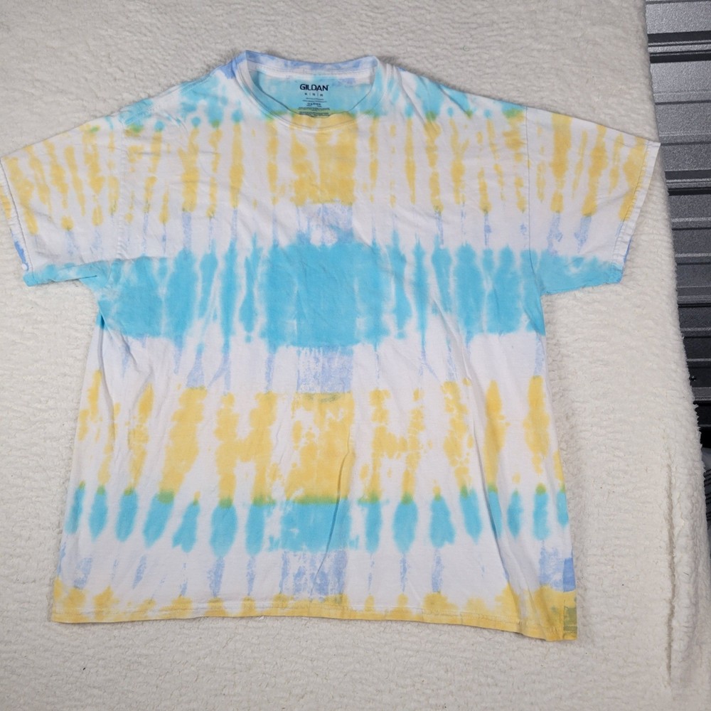 Gildan Tie Dye T-Shirt Mens XL Blue Yellow Striped Short Sleeve Cotton Tee