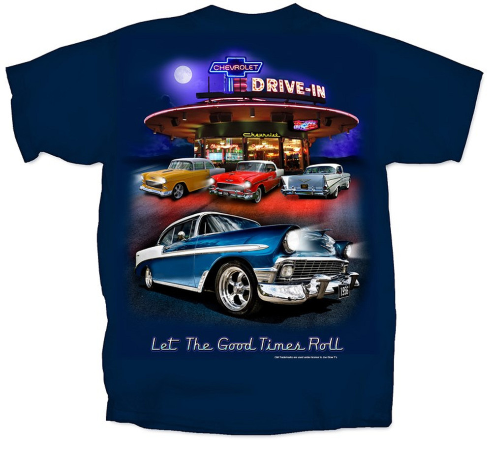 Chevy Tri-Five T-Shirt – Blue w/ 1955-1957 Bel Air 150 210 Drive In Scene