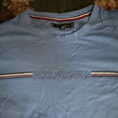 Tommy Hilfiger Men’s Blue Striped Logo Crew Neck T-Shirt Short Sleeve L/G