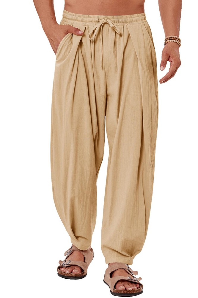 Mens Linen Yoga Pants Elastic Waist Drawstring Summer Beach Loose Fit Trouser