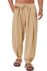 Mens Linen Yoga Pants Elastic Waist Drawstring Summer Beach Loose Fit Trouser