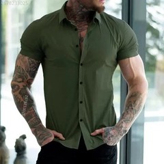 High quality men’s fitness short-sleeved shirt, business casual solid color stre