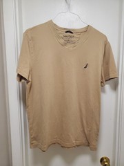 Nautica Performance Tee Mens Large Beige V Neck Stretch T Shirt Cotton Spandex