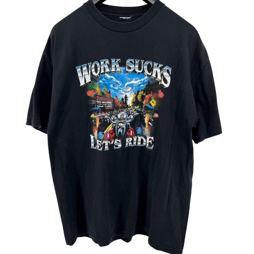 Good Sports Work Sucks Let’s Ride Y2K T-Shirt Mens XL Black Biker Graphic 2008