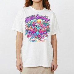 Hello Summer Tropical Flamingo T-Shirt Retro Neon Beach Vacation Holiday Tee
