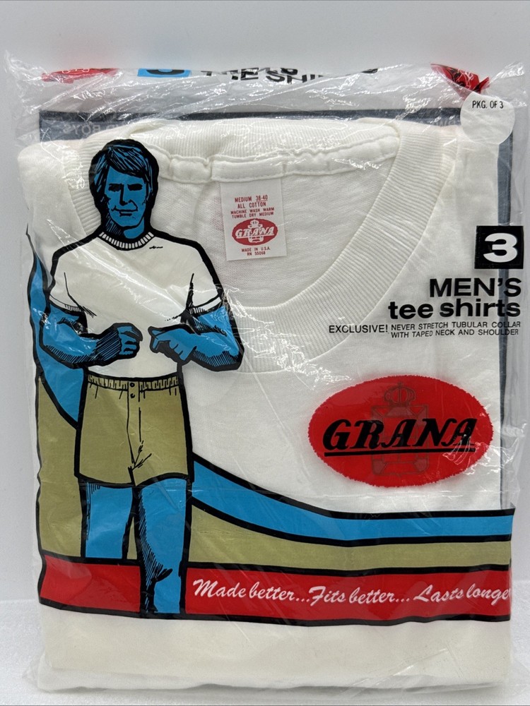 Vintage Grana Package Men’s White T-shirts Size MED 38-40 Never Stretch Collar