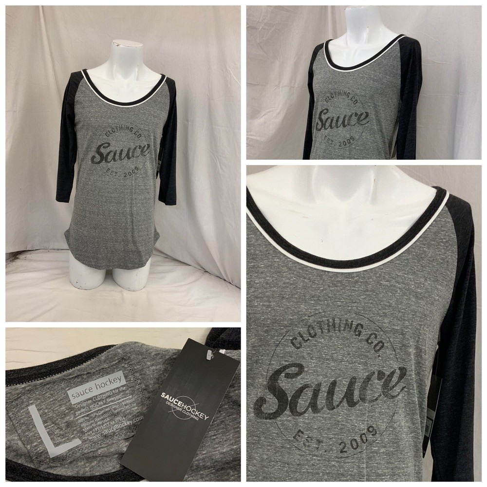 Sauce Hockey Shirt L Gray 1/2 Sleeve Poly Cotton Rayon Made USA NWT YGI O2-333