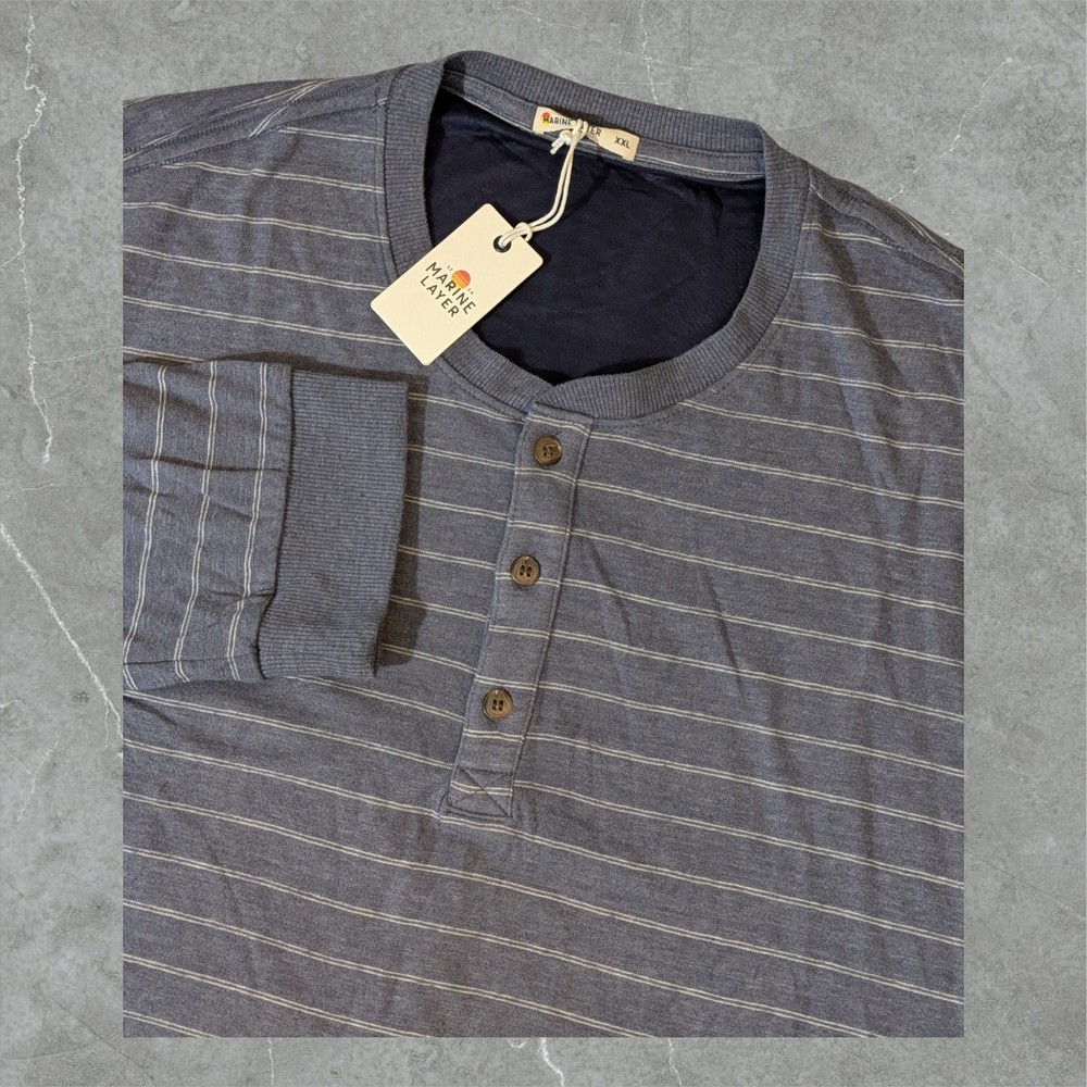 NEW Marine Layer Henley Shirt Men 2XL Double Knit Long Sleeve Indigo Blue Stripe