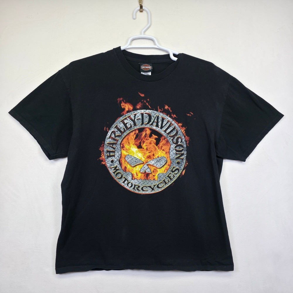Harley Davidson Shirt Mens XL Black Lawless Renton WA Skull Flames Graphics Tee