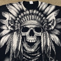 Vintage Y2K Native American Skull Mens 2XL Black Short Sleeve Shirt AOP Horses
