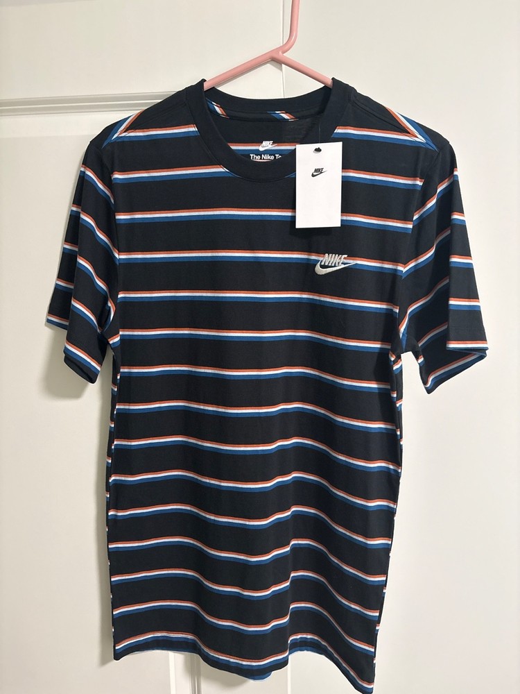 NIKE Men’s Striped Short Sleeve T-Shirt Small Navy/White/Orange/Blue