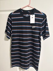 NIKE Men’s Striped Short Sleeve T-Shirt Small Navy/White/Orange/Blue