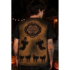 Halloween Bleach Wash T-Shirt Black Medium Haunted House Cats Ghosts Goth Spooky