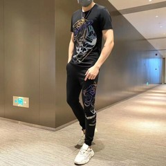 New Men Hot Drilling Fashion Tiger Rhinestone Summer Luxury Two-Piece Tracksuit