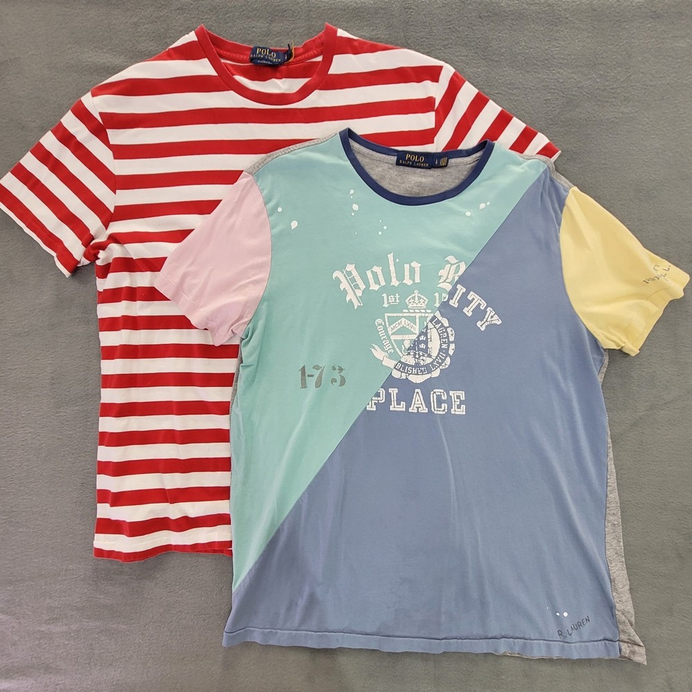 Polo Ralph Lauren T-Shirt Lot of 2 Waldo Stripe Pastel Block -Flaw – Men’s L