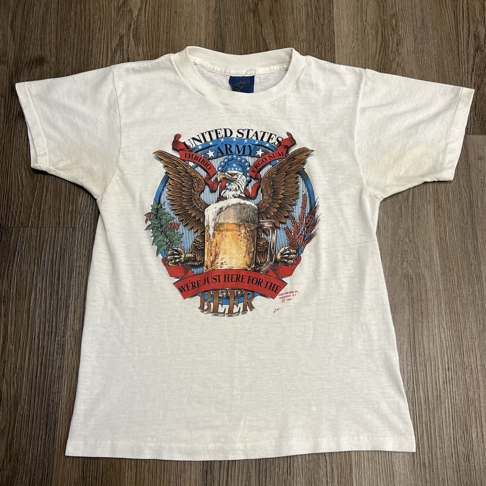 Vintage RARE 80s 1987 Just Brass 3D Emblem United States Army Beer Tee Size S
