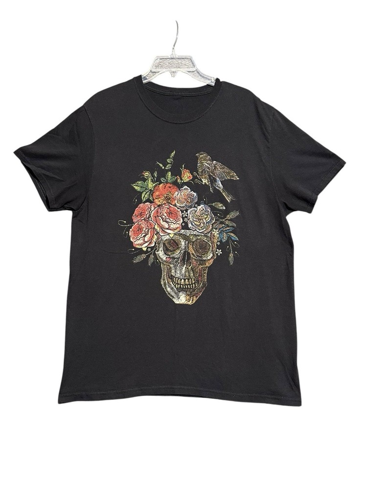 Vintage Skull Bird Flowers Mens Black Graphic T Shirt Size L (SEE PHOTOS) EUC