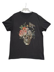 Vintage Skull Bird Flowers Mens Black Graphic T Shirt Size L (SEE PHOTOS) EUC