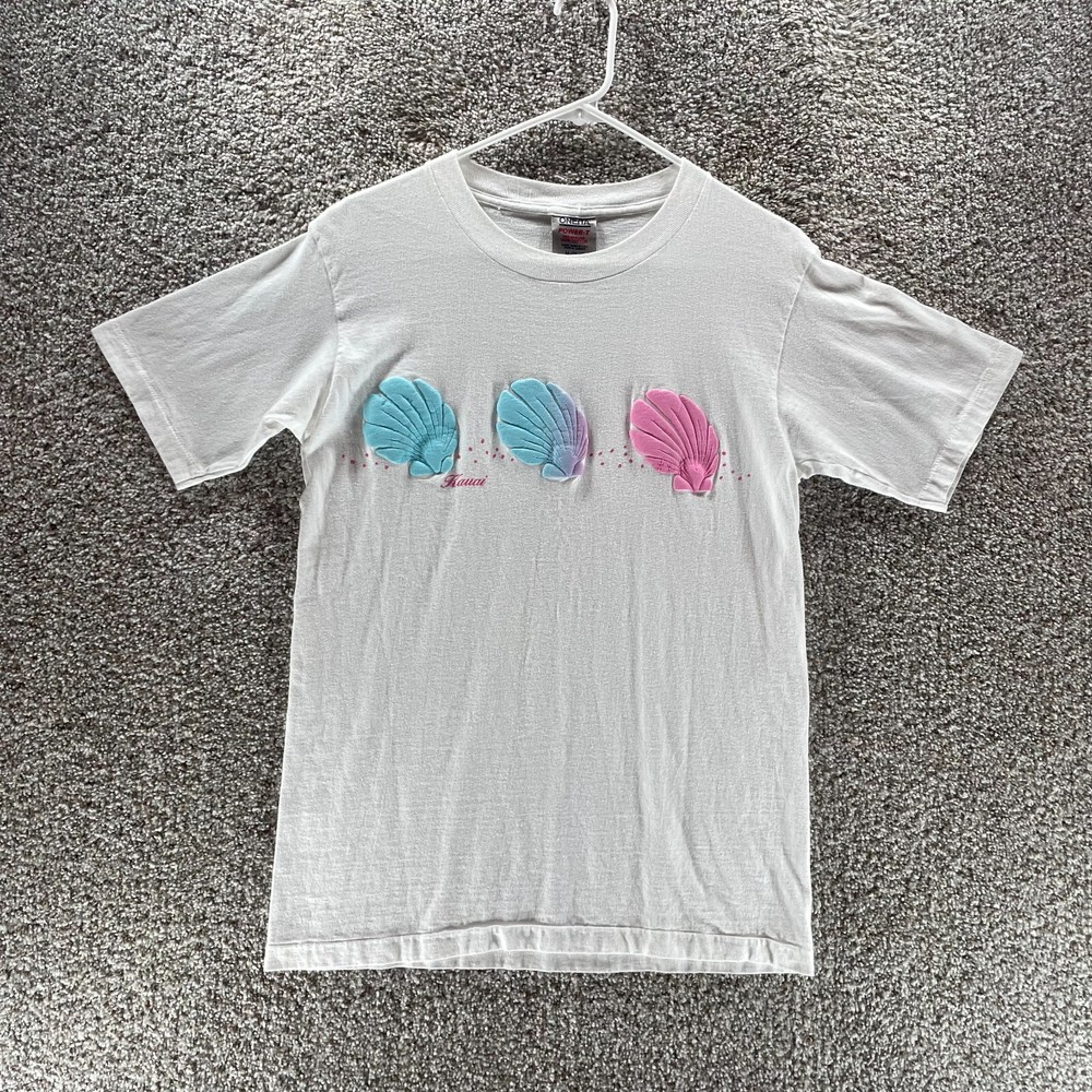Vintage 90s Kauai Shirt Adult Medium White Single Stitch Sea Shells Cotton Crew