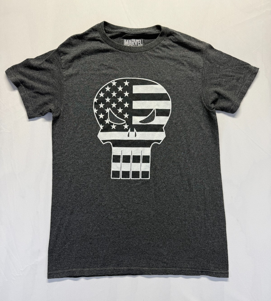 Marvel The Punisher T Shirt Mens SM Charcoal Grey Graphic American Flag Skull
