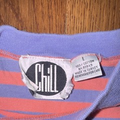 CHILL Purple Pink Striped Pocket Embroidered Cotton Knit Crew Neck T-Shirt L