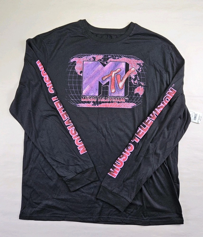 MTV Music Television Long Sleeve T-Shirt Mens XL Black Globe Logo Graphic Shirt