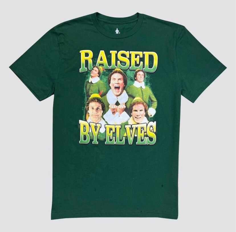 New Elf Raised By Elves Buddy Will Ferrell Mens Christmas T-Shirt Med Green