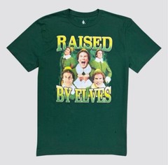 New Elf Raised By Elves Buddy Will Ferrell Mens Christmas T-Shirt Med Green