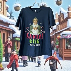 Elf Movie Santas Coming OMG I know Him Short Sleeve Crew Blue Shirt Size Large L