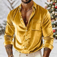 Men’s Velvet Shirt Casual Slim Shirts Long Sleeve Button Down Tops Blouse