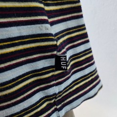 HUF Mens Striped T-Shirt Large Blue Yellow Logo Ringer Tee Blokecore Cotton