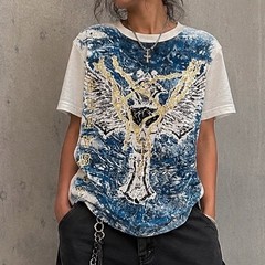 Playboy Graphic T Shirt Y2K Skull Wings Gold Foil Blue Marble Wash Large s1