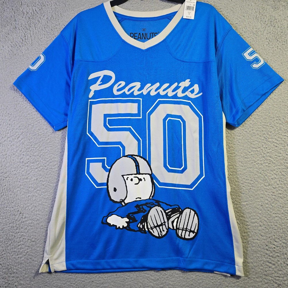 Snoopy Peanuts Football NFL Jersey Shirt Mens Medium Blue Charlie Brown 50 NWT