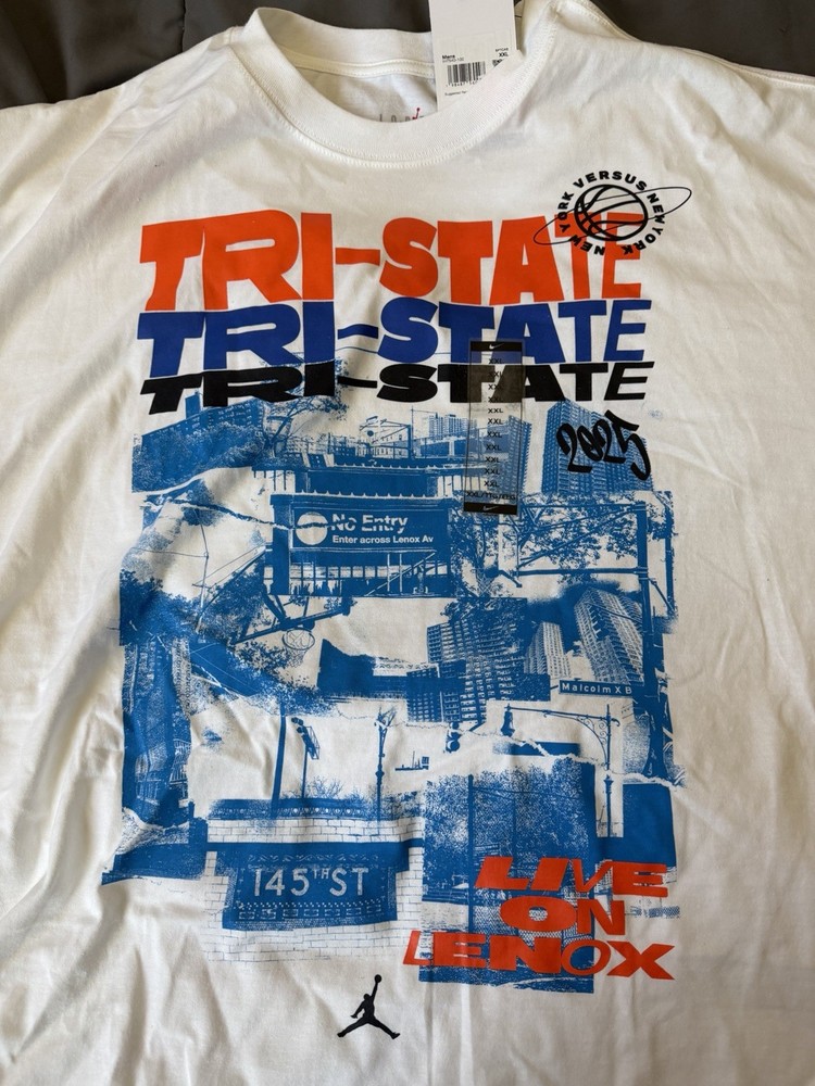 Nike Air Jordan Tri-State 2025 NY vs NY Live On Lenox T-Shirt Men 2XL White